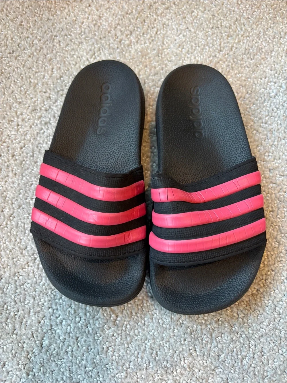 adidas Kids Black Slides with Pink Stripes